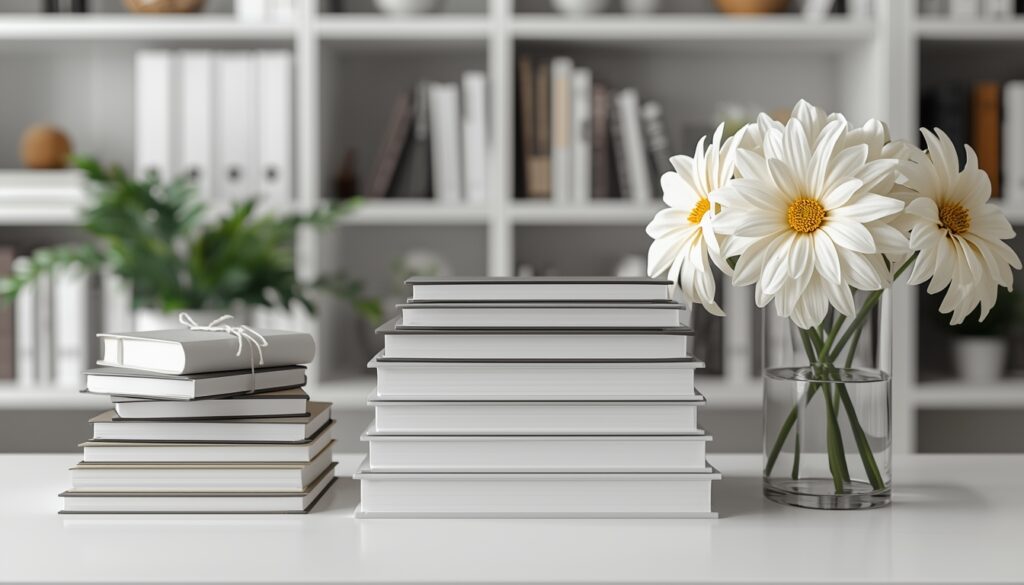stacks of books on desk