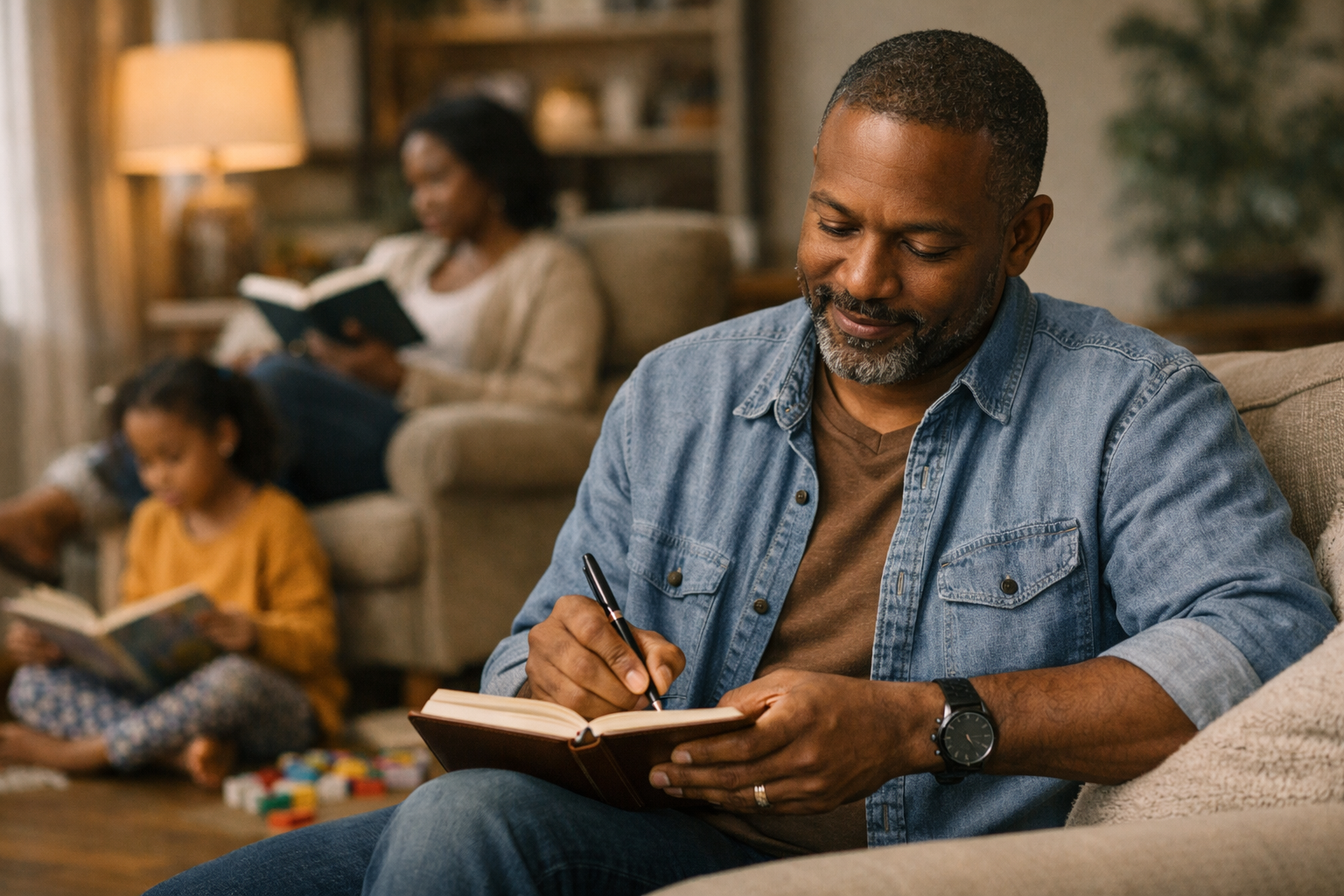 A ministry leader sits in a warm living room, writing in a journal while his family reads and plays nearby — a real world picture of balance between family, ministry, and writing.
